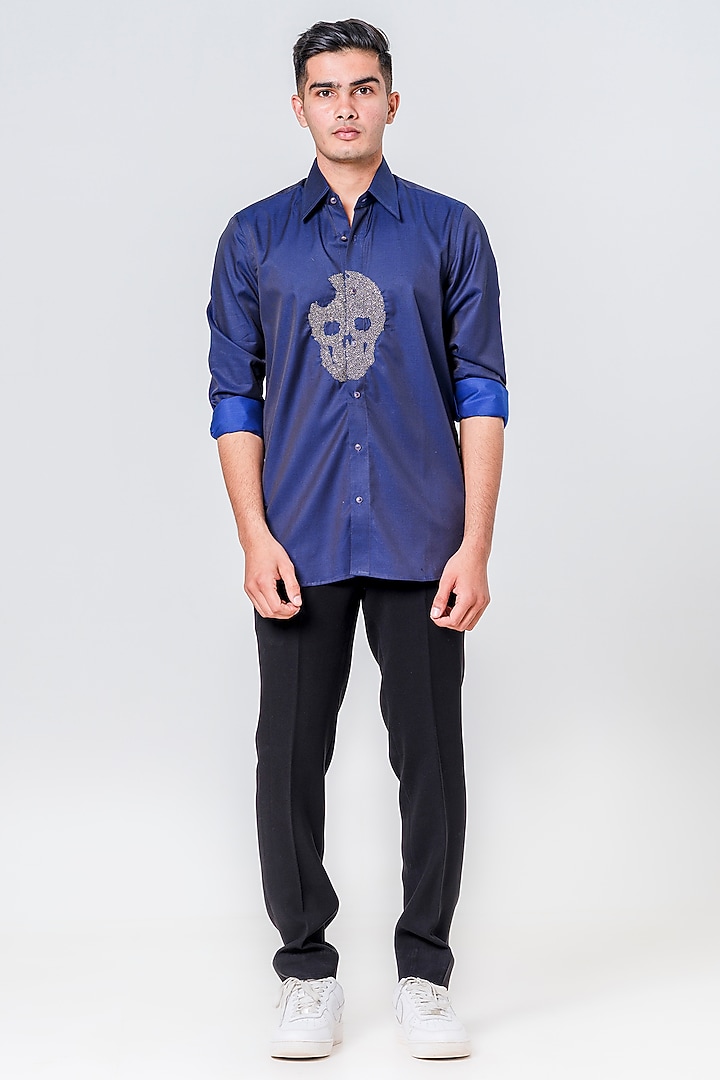 Midnight Blue Cotton Embroidered Wedding Shirt by Amrit Dawani at Pernia's Pop Up Shop