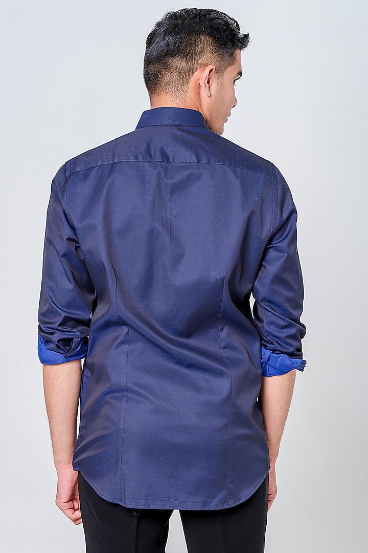 Midnight Blue Cotton Embroidered Wedding Shirt by Amrit Dawani at Pernia's Pop Up Shop