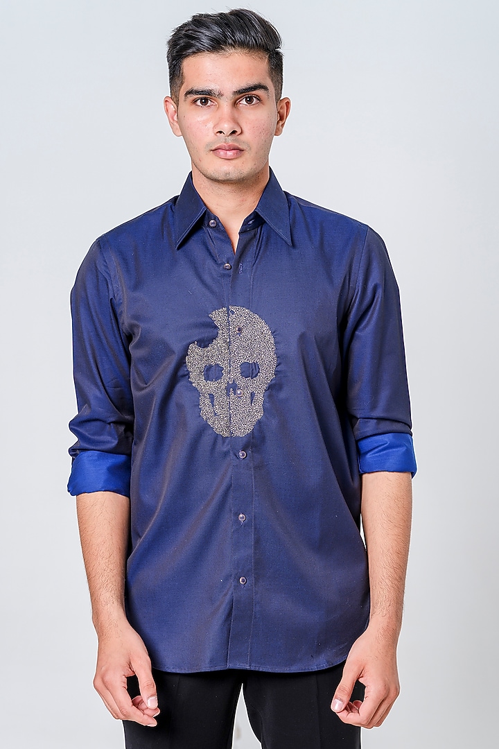 Midnight Blue Cotton Embroidered Wedding Shirt by Amrit Dawani at Pernia's Pop Up Shop
