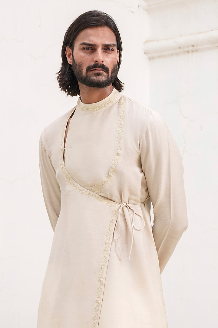 Beige Chanderi Embroidered Angrakha Kurta Set by Amrit Dawani at Pernia's Pop Up Shop