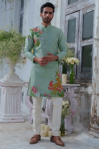 Green Cotton Blend Hand Painted Kurta Set by Amrit Dawani