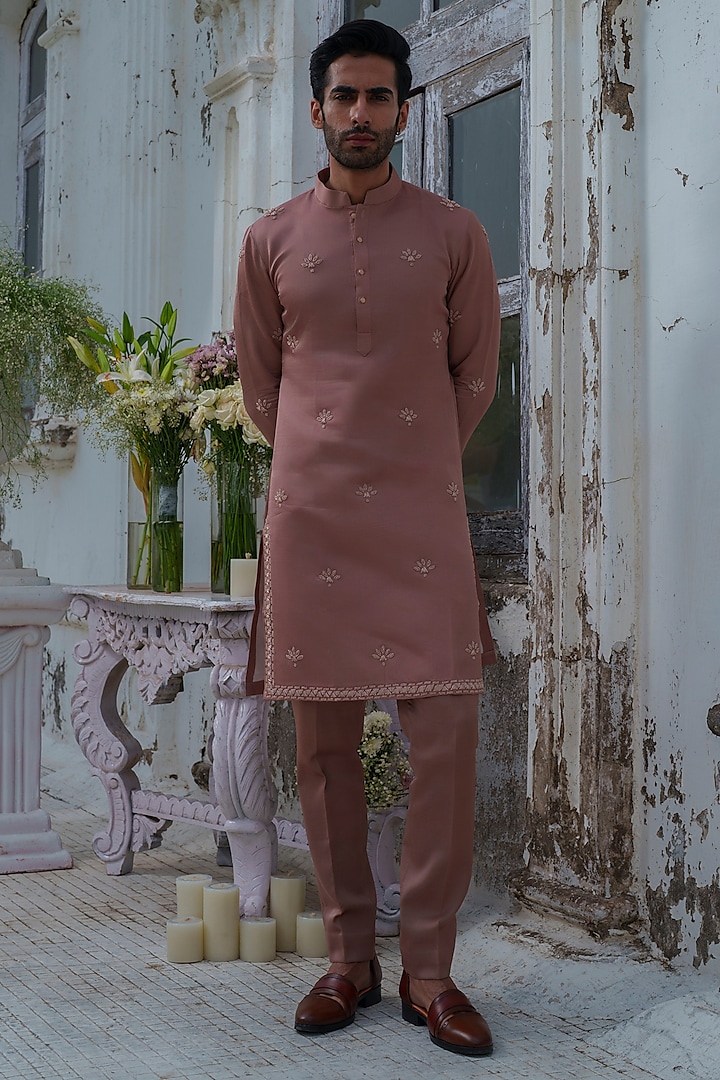 Copper Modal Silk Bead Embroidered Kurta Set by Amrit Dawani