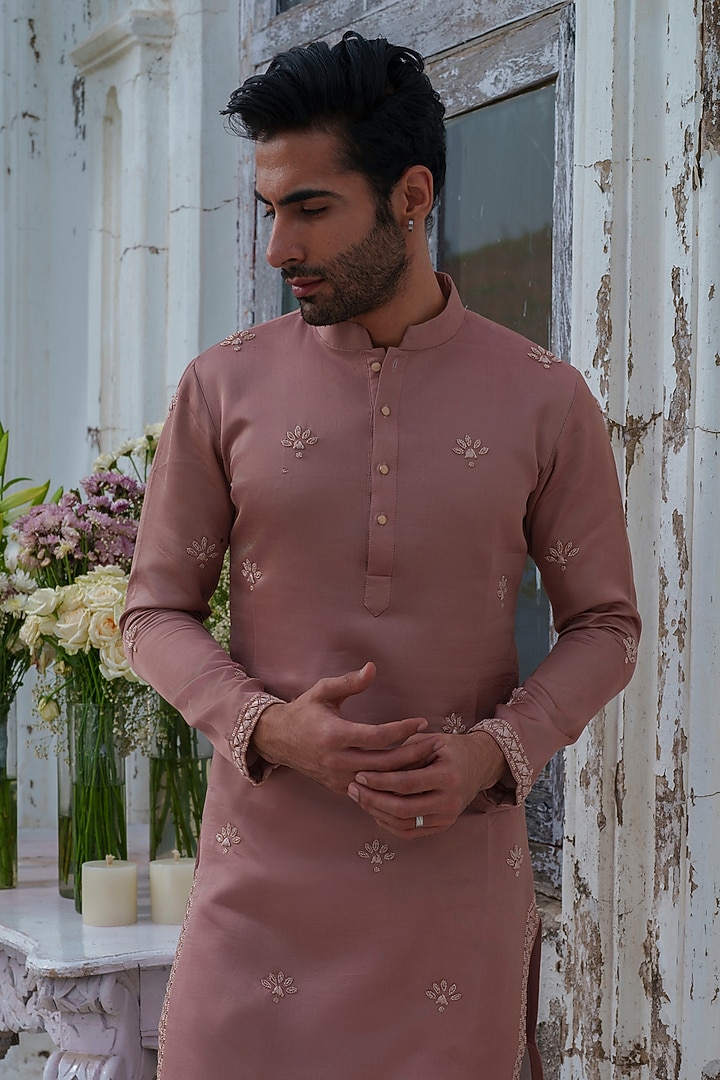 Copper Modal Silk Bead Embroidered Kurta Set by Amrit Dawani at Pernia's Pop Up Shop