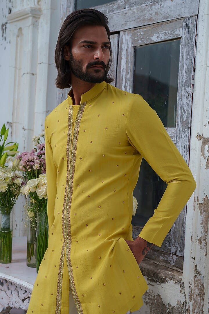 Lime Green Cotton Blend Embroidered Kurta Set by Amrit Dawani at Pernia's Pop Up Shop