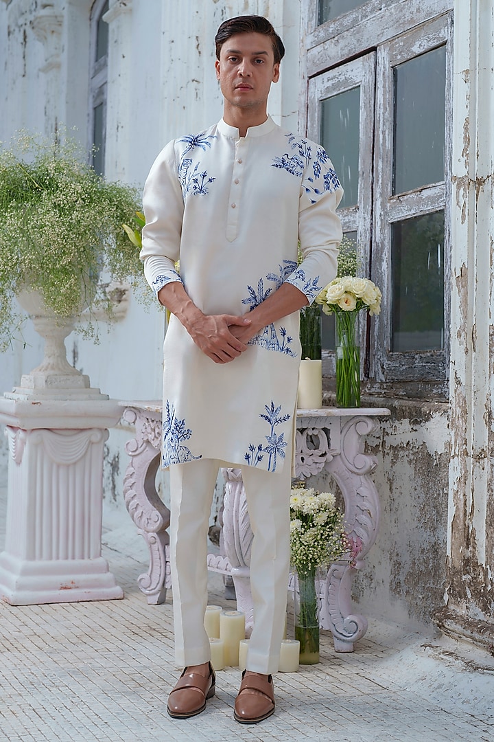 Ivory Modal Silk Hand Painted Kurta Set by Amrit Dawani