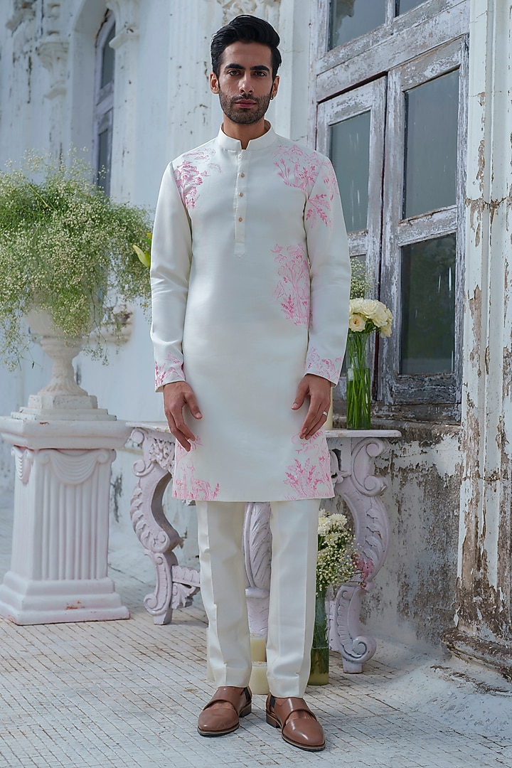 Ivory Modal Silk Hand Painted Kurta Set by Amrit Dawani at Pernia's Pop Up Shop