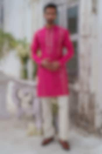 Hot Pink Raw Silk Mirror Embroidered Kurta Set by Amrit Dawani