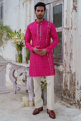 Hot Pink Raw Silk Mirror Embroidered Kurta Set by Amrit Dawani