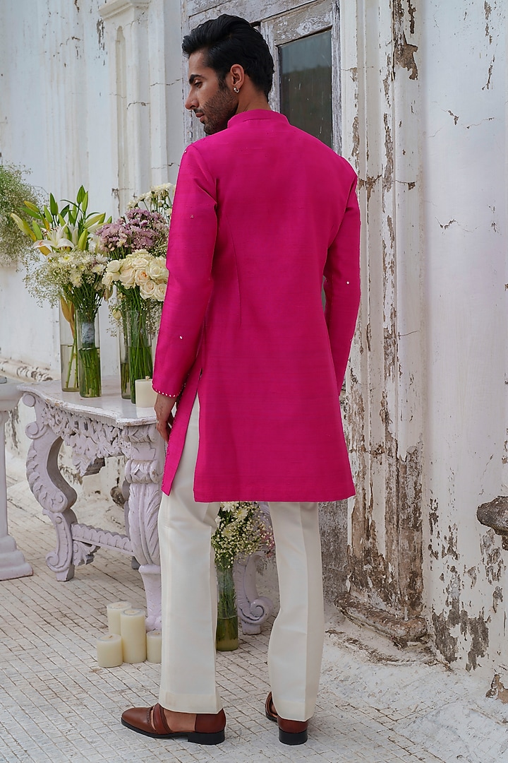 Hot Pink Raw Silk Mirror Embroidered Kurta Set by Amrit Dawani at Pernia's Pop Up Shop