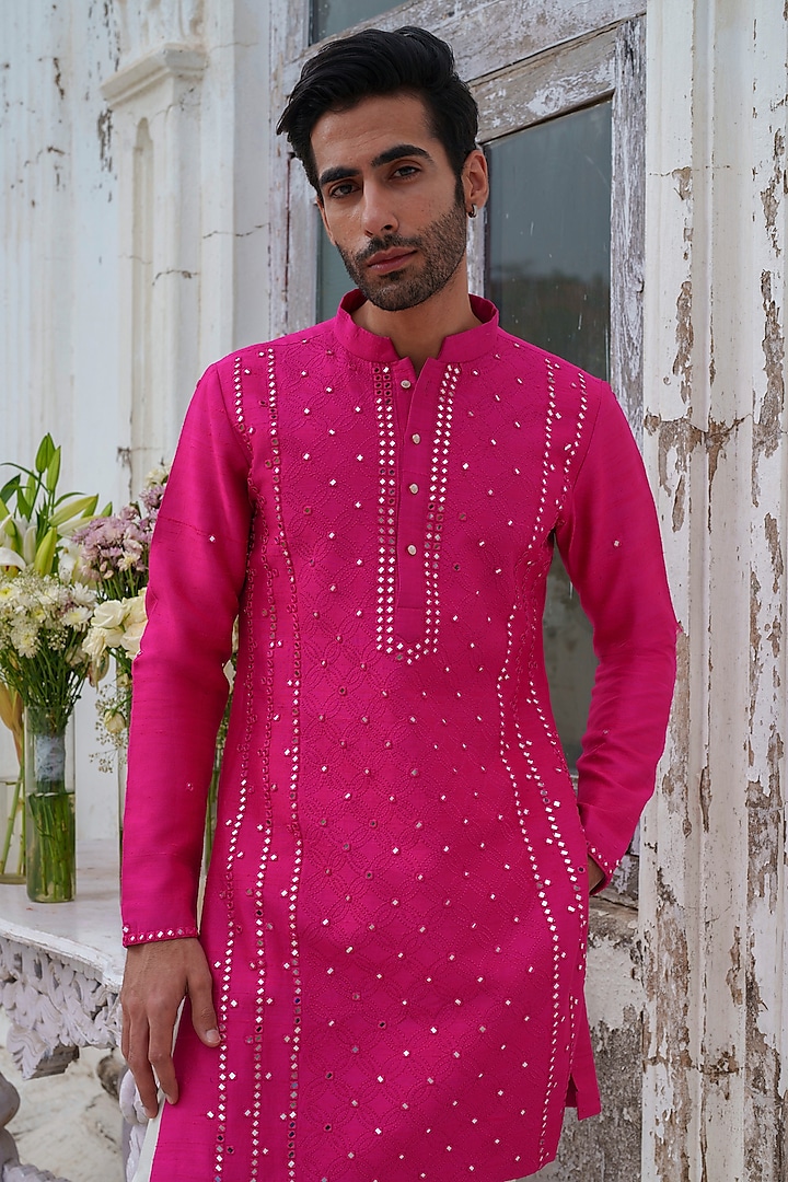 Hot Pink Raw Silk Mirror Embroidered Kurta Set by Amrit Dawani at Pernia's Pop Up Shop