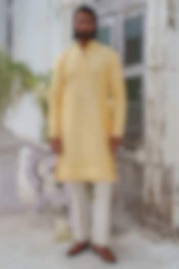 Yellow Raw Silk Mirror Embroidered Kurta Set by Amrit Dawani at Pernia's Pop Up Shop