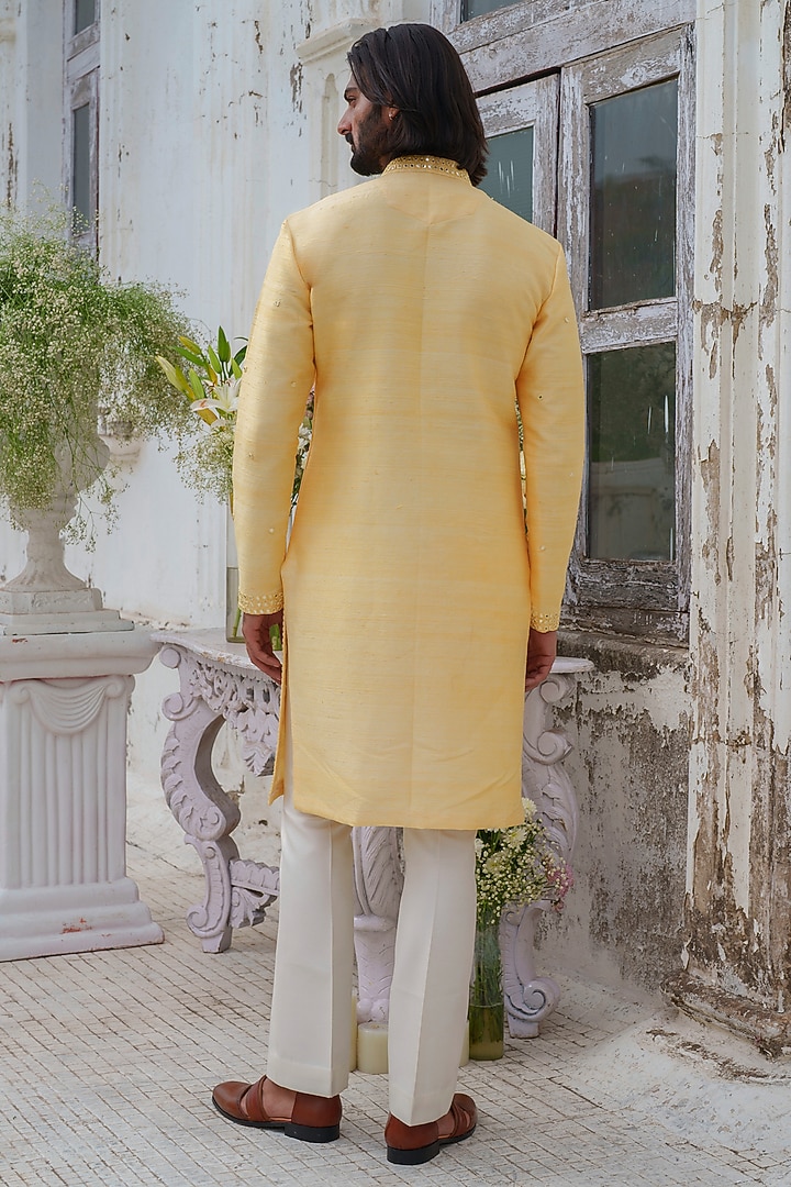 Yellow Raw Silk Mirror Embroidered Kurta Set by Amrit Dawani at Pernia's Pop Up Shop
