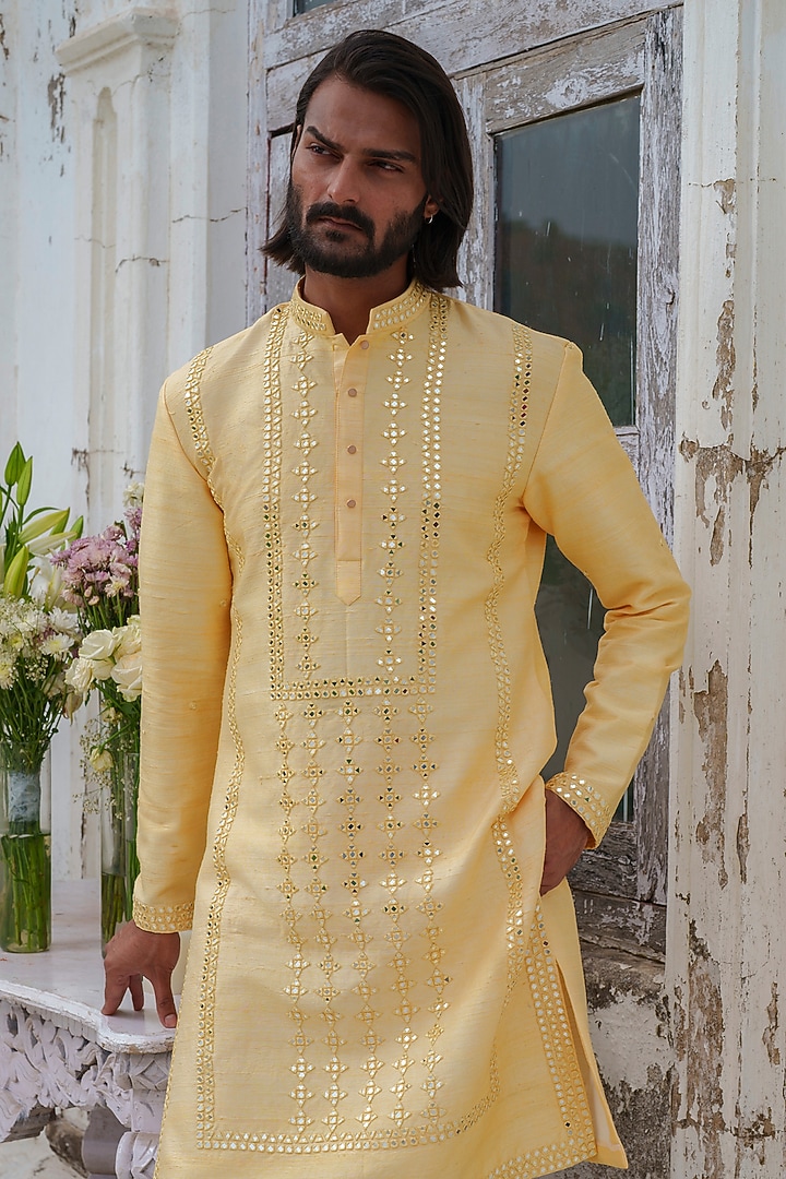 Yellow Raw Silk Mirror Embroidered Kurta Set by Amrit Dawani at Pernia's Pop Up Shop