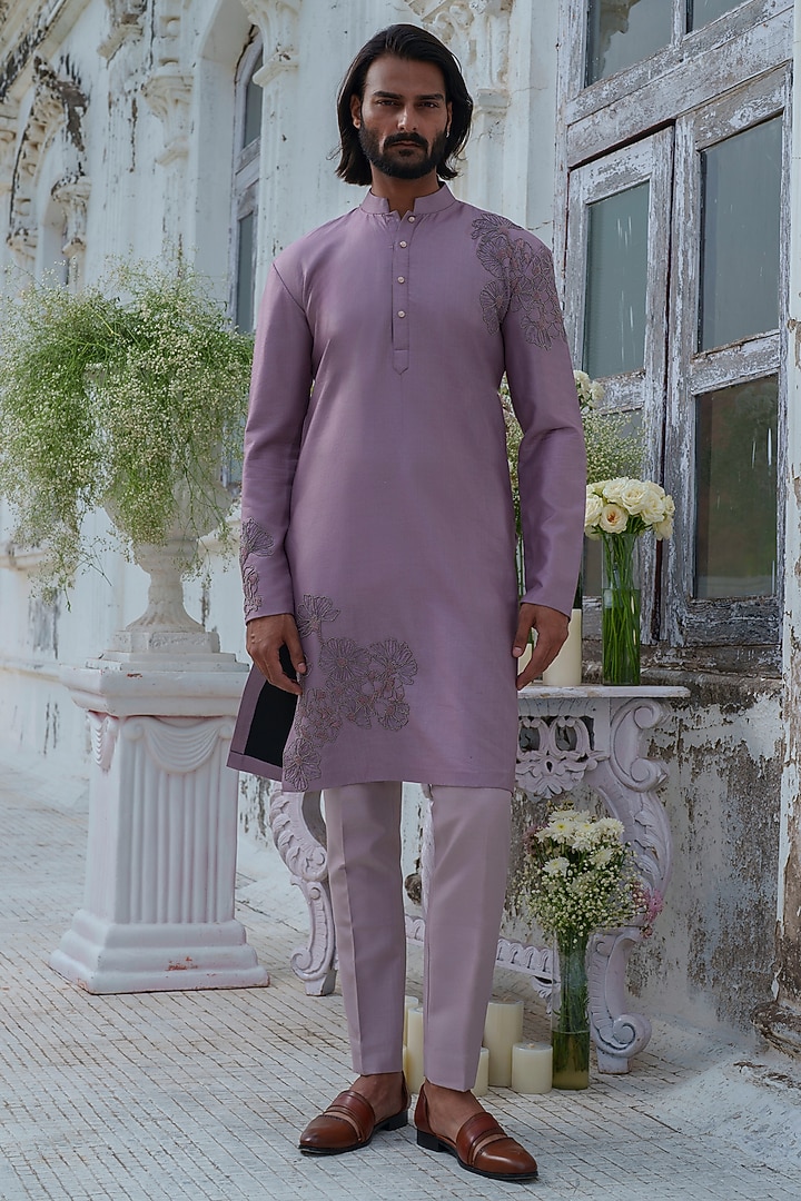 Purple Cotton Blend Moon Embroidered Kurta Set by Amrit Dawani at Pernia's Pop Up Shop