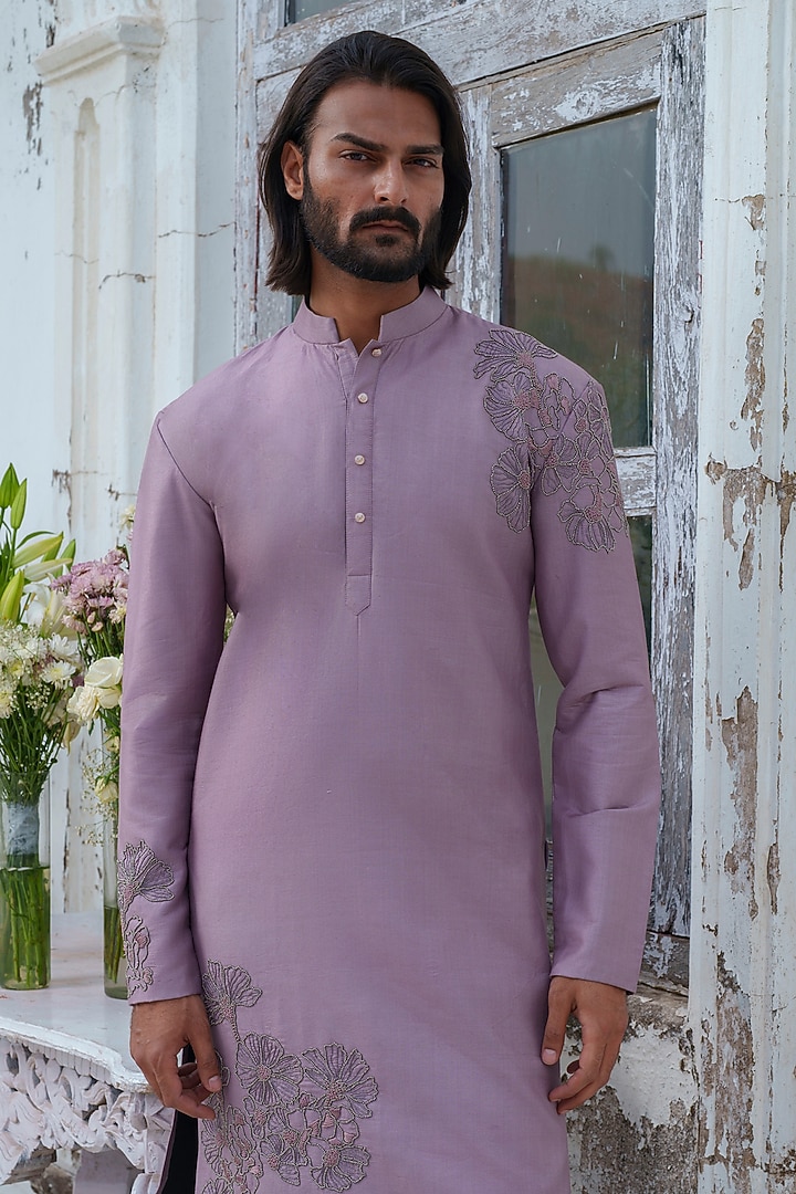 Purple Cotton Blend Moon Embroidered Kurta Set by Amrit Dawani at Pernia's Pop Up Shop