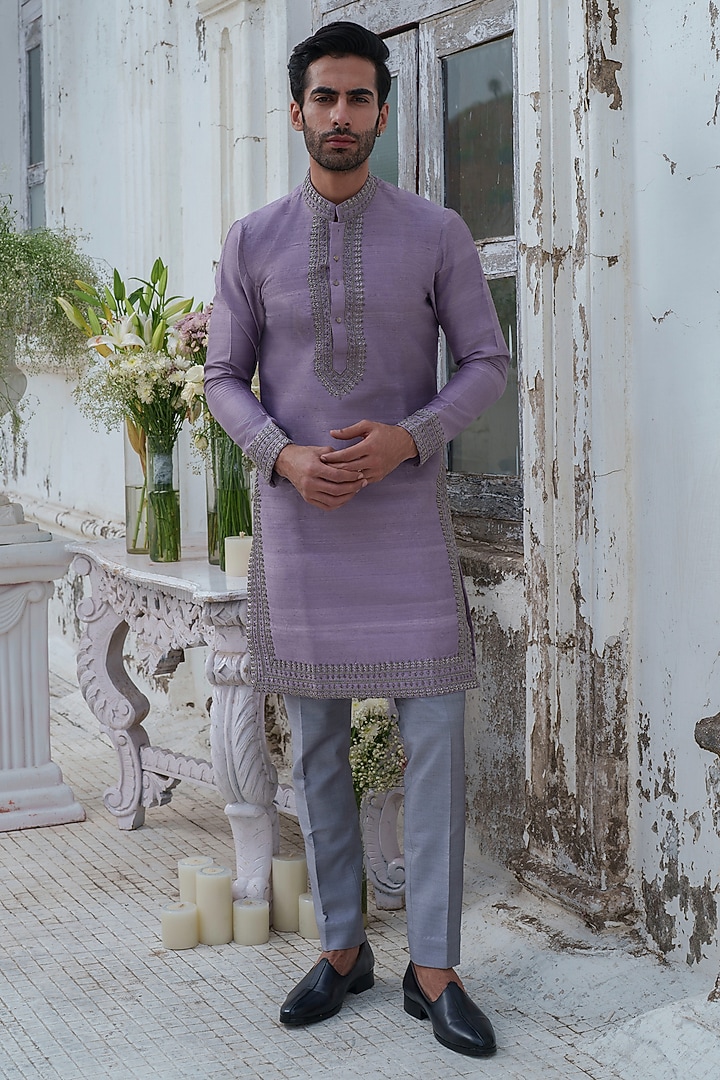 Purple Raw Silk Moon Embroidered Kurta Set by Amrit Dawani at Pernia's Pop Up Shop