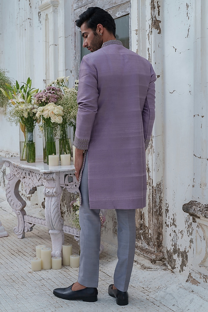 Purple Raw Silk Moon Embroidered Kurta Set by Amrit Dawani at Pernia's Pop Up Shop