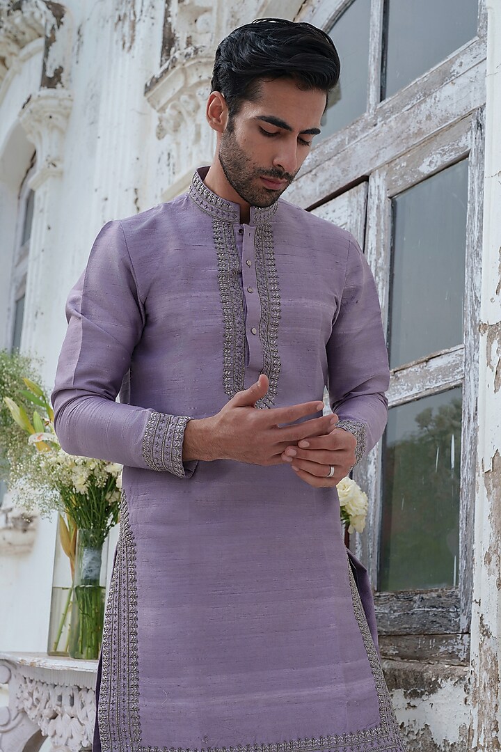Purple Raw Silk Moon Embroidered Kurta Set by Amrit Dawani at Pernia's Pop Up Shop