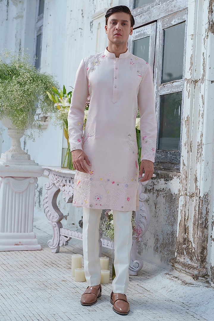 Pink Modal Silk Embroidered Kurta Set by Amrit Dawani at Pernia's Pop Up Shop