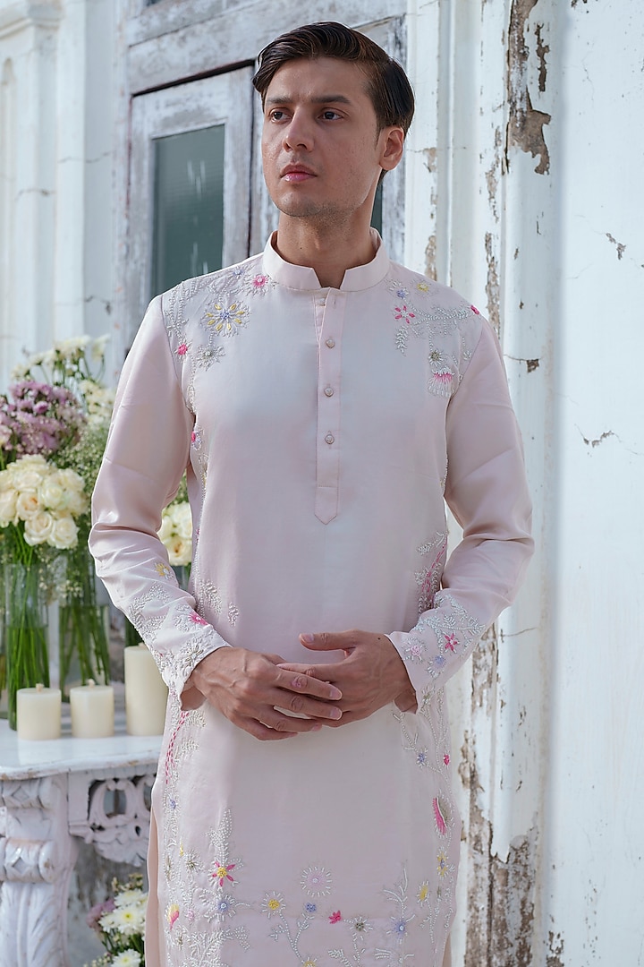 Pink Modal Silk Embroidered Kurta Set by Amrit Dawani at Pernia's Pop Up Shop