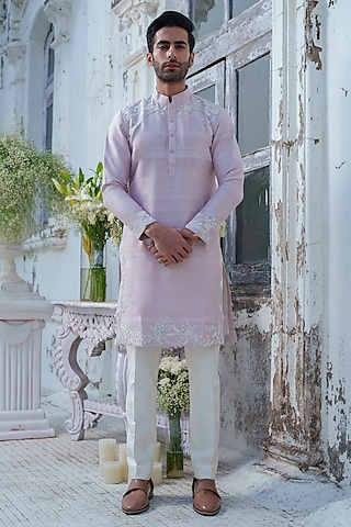 Onion Pink Raw Silk Embroidered Kurta Set by Amrit Dawani
