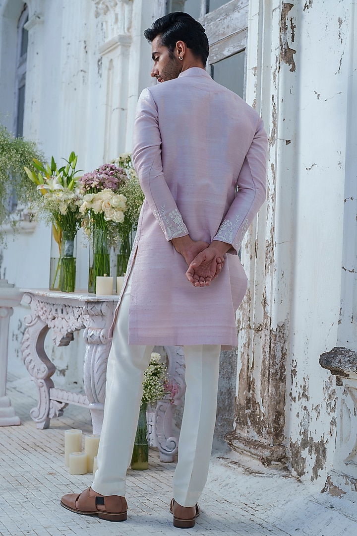 Onion Pink Raw Silk Embroidered Kurta Set by Amrit Dawani at Pernia's Pop Up Shop