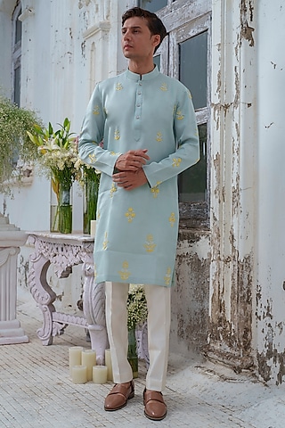 Green Modal Silk Embroidered Kurta Set by Amrit Dawani