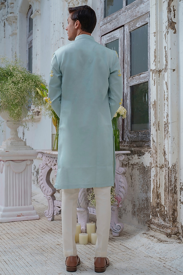 Green Modal Silk Embroidered Kurta Set by Amrit Dawani at Pernia's Pop Up Shop
