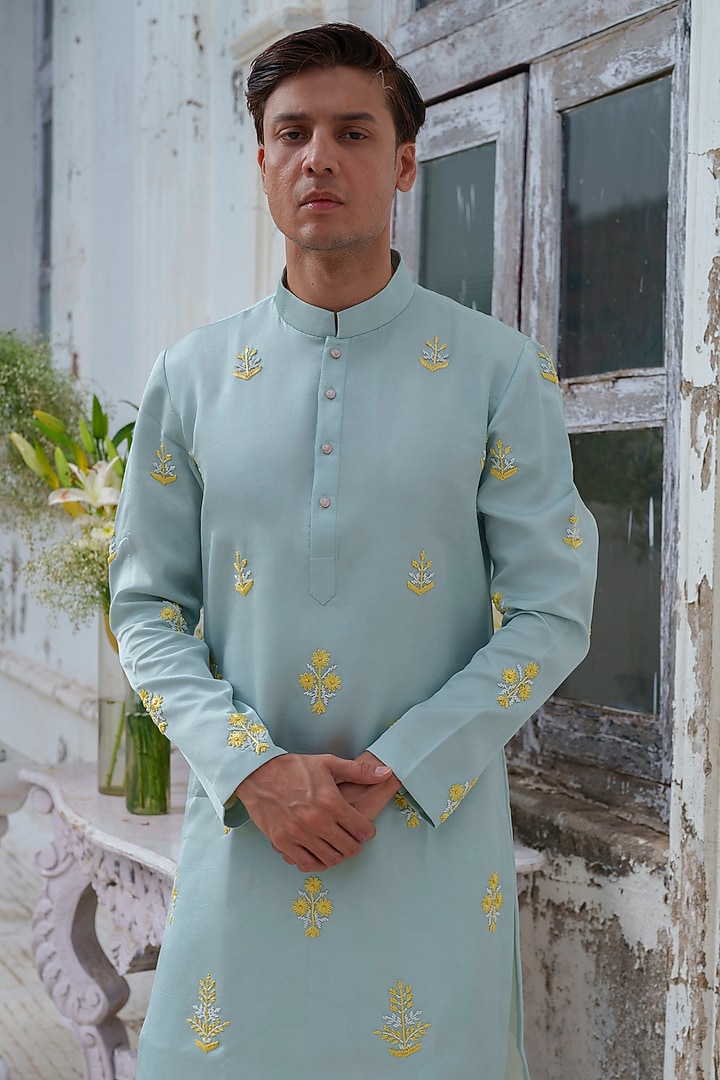 Green Modal Silk Embroidered Kurta Set by Amrit Dawani at Pernia's Pop Up Shop