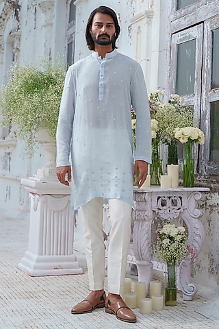 Powder Blue Muslin Bead Embroidered Kurta Set by Amrit Dawani