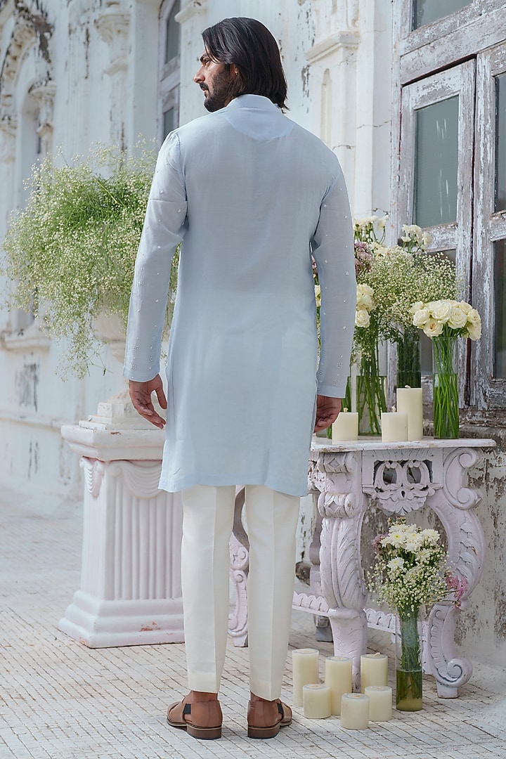 Powder Blue Muslin Bead Embroidered Kurta Set by Amrit Dawani at Pernia's Pop Up Shop