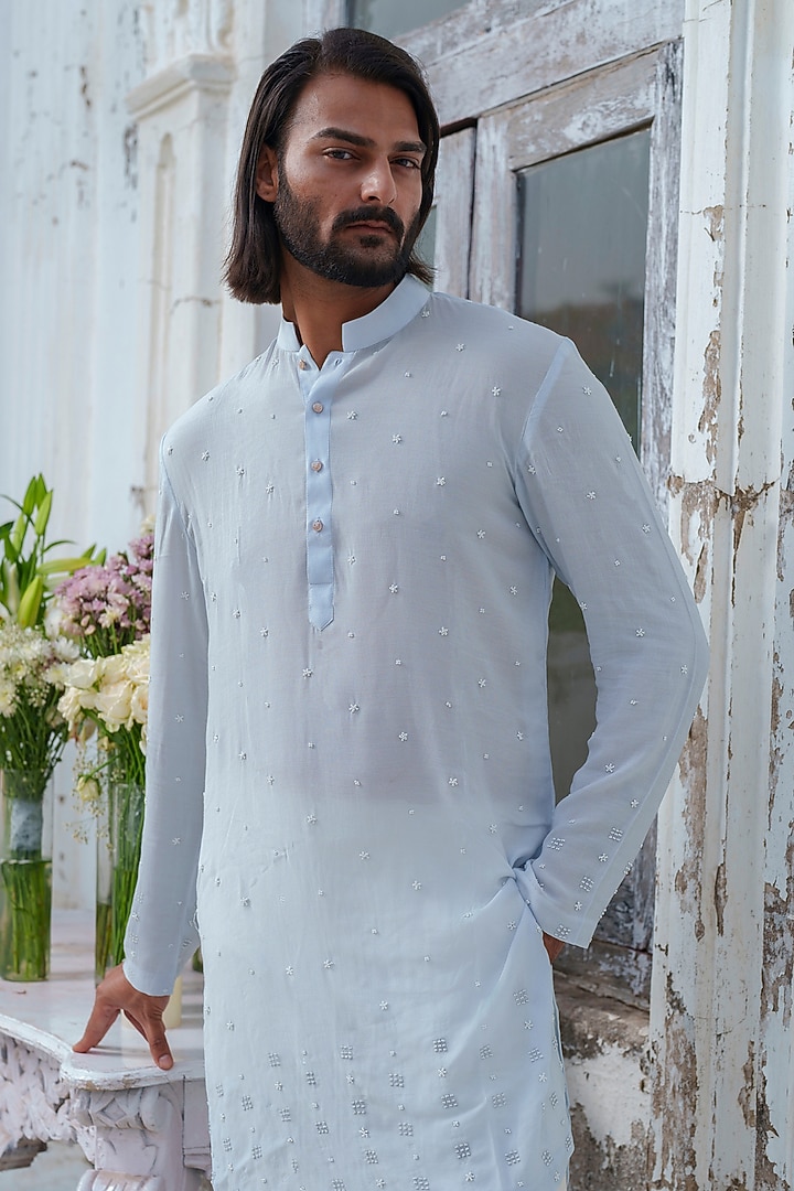 Powder Blue Muslin Bead Embroidered Kurta Set by Amrit Dawani at Pernia's Pop Up Shop