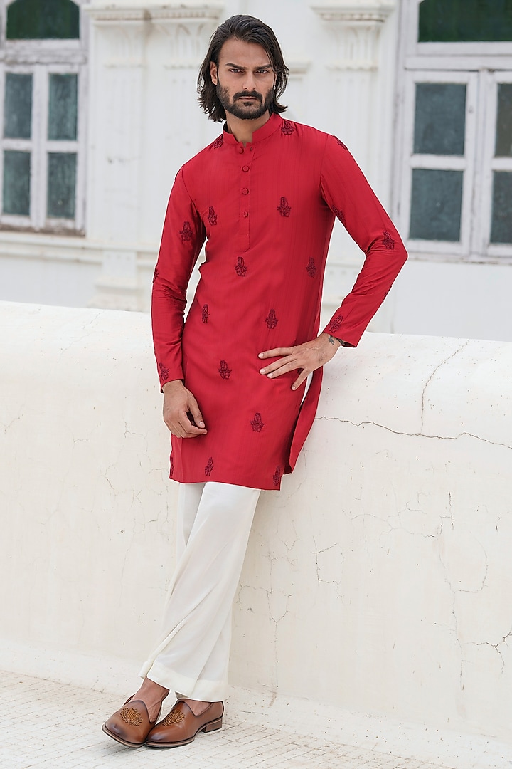 Red Cotton Blend Embroidered Kurta Set by Amrit Dawani