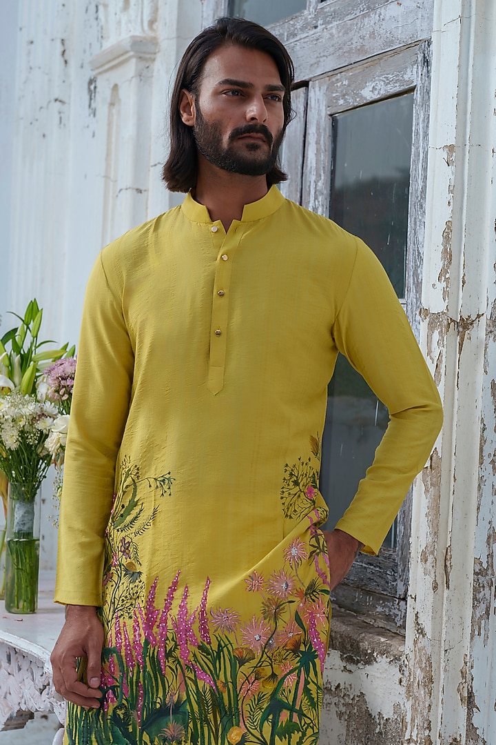Lime Green Cotton Blend Floral Hand Painted & Embroidered Kurta Set by Amrit Dawani at Pernia's Pop Up Shop