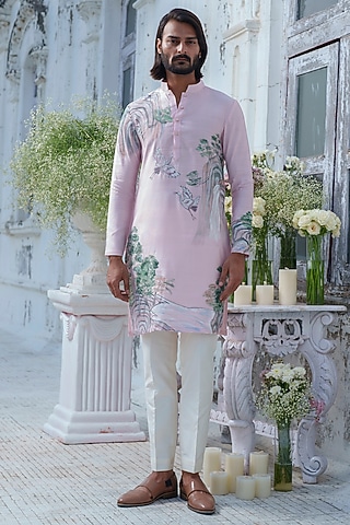 Pink Cotton Blend Hand Painted Kurta Set by Amrit Dawani