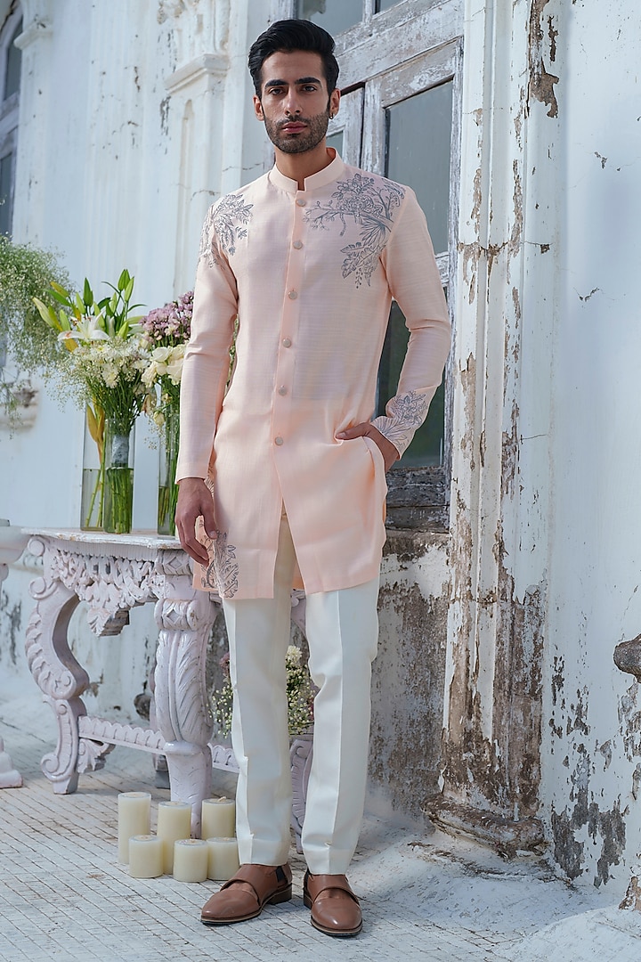 Peach Cotton Blend Hand Painted Kurta Set by Amrit Dawani