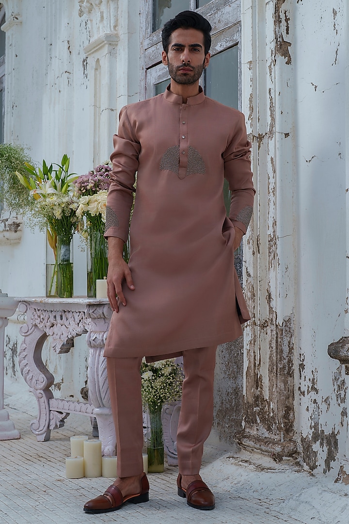 Copper Modal Silk Embroidered Kurta Set by Amrit Dawani