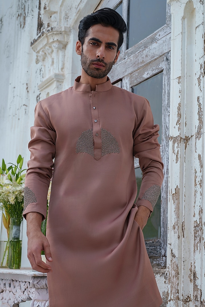 Copper Modal Silk Embroidered Kurta Set by Amrit Dawani at Pernia's Pop Up Shop