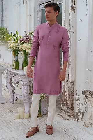 Plum Cotton Blend Embroidered Kurta Set by Amrit Dawani