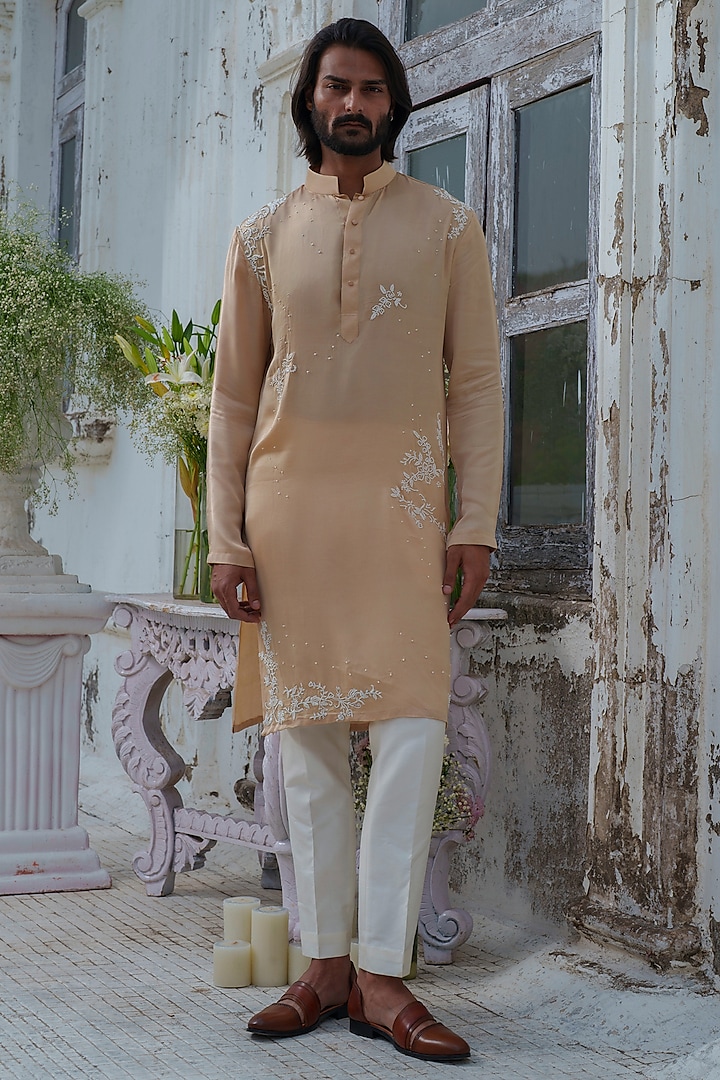 Beige Modal Silk Bead Embroidered Kurta Set by Amrit Dawani