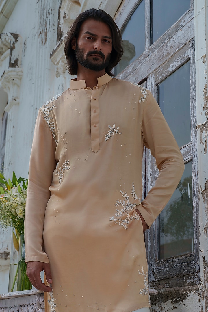 Beige Modal Silk Bead Embroidered Kurta Set by Amrit Dawani at Pernia's Pop Up Shop