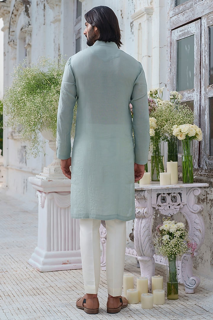 Mint Green Muslin Resham Embroidered Kurta Set by Amrit Dawani at Pernia's Pop Up Shop