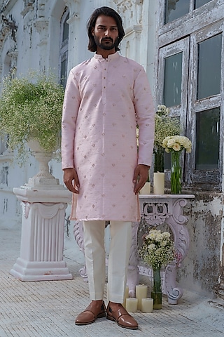 Pink Raw Silk Embroidered Kurta Set by Amrit Dawani