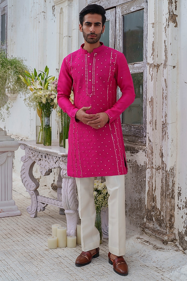 Hot Pink Raw Silk Mirror Embroidered Kurta Set by Amrit Dawani