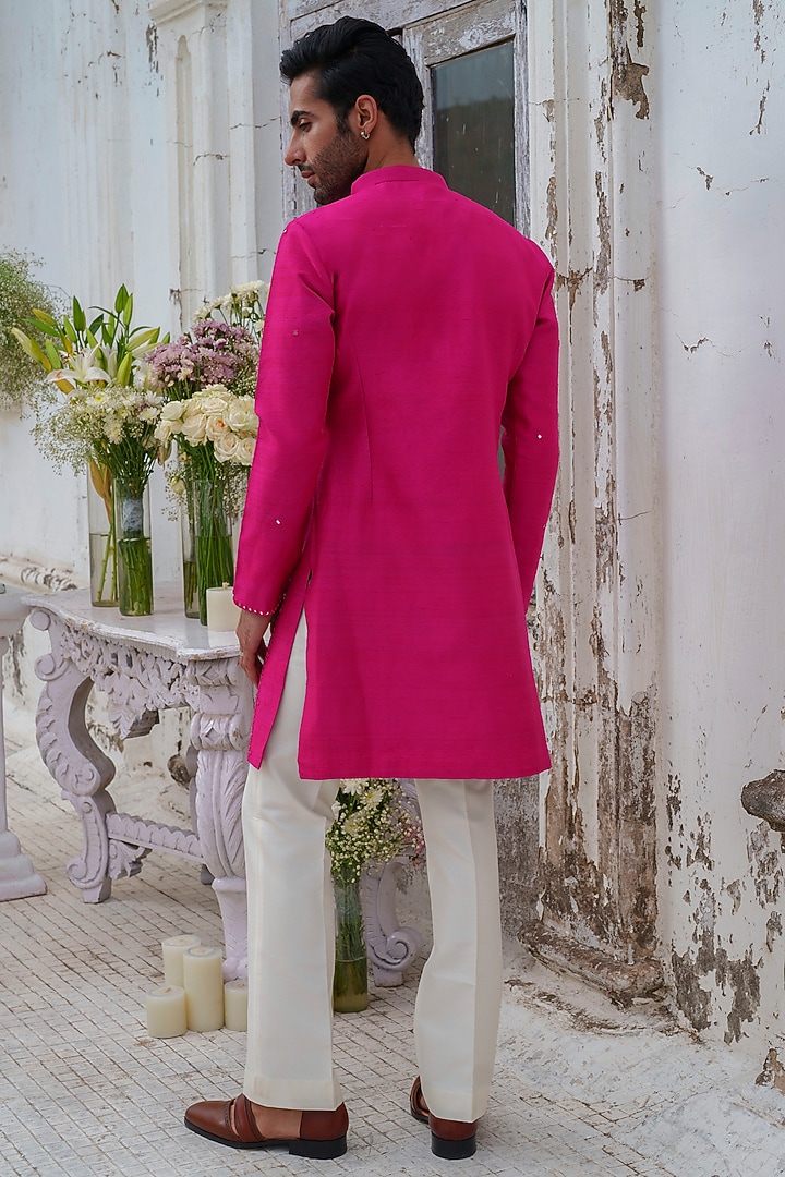 Hot Pink Raw Silk Mirror Embroidered Kurta Set by Amrit Dawani at Pernia's Pop Up Shop