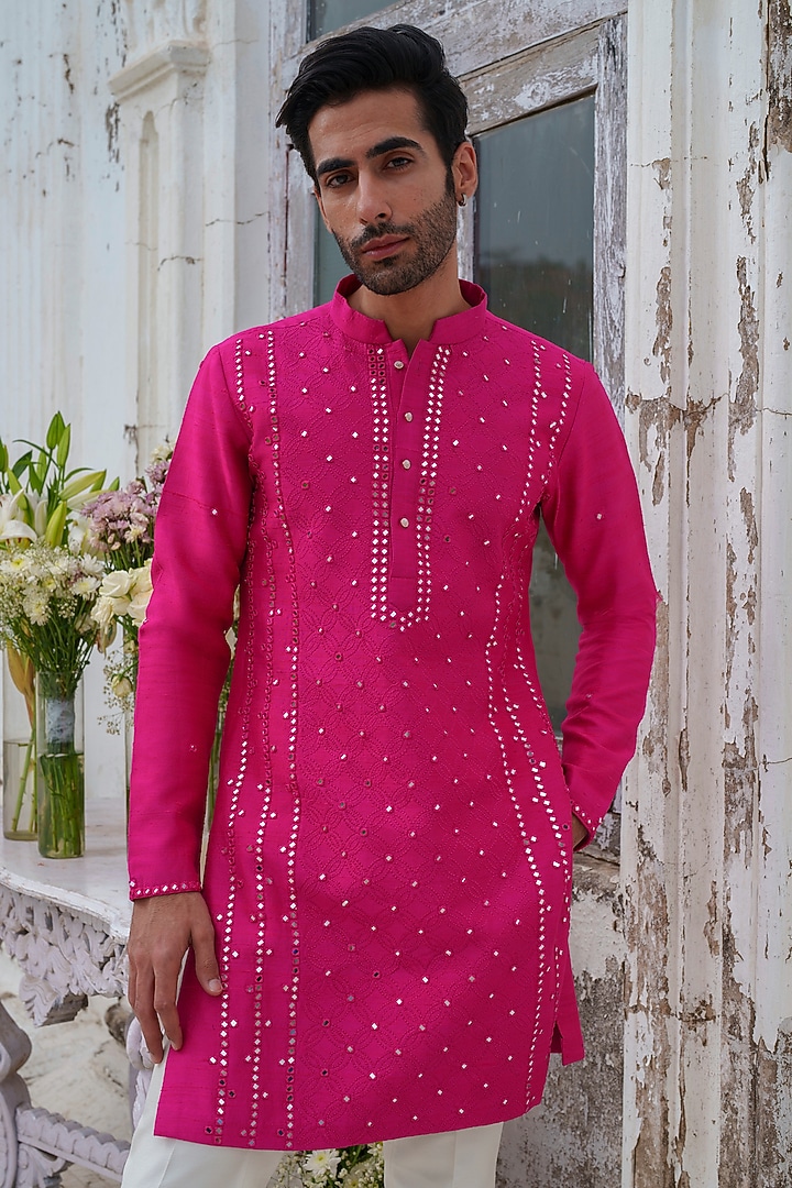 Hot Pink Raw Silk Mirror Embroidered Kurta Set by Amrit Dawani at Pernia's Pop Up Shop