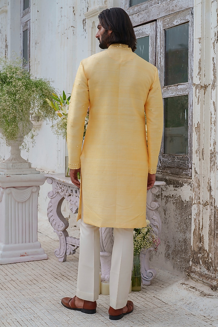 Yellow Raw Silk Mirror Embroidered Kurta Set by Amrit Dawani at Pernia's Pop Up Shop