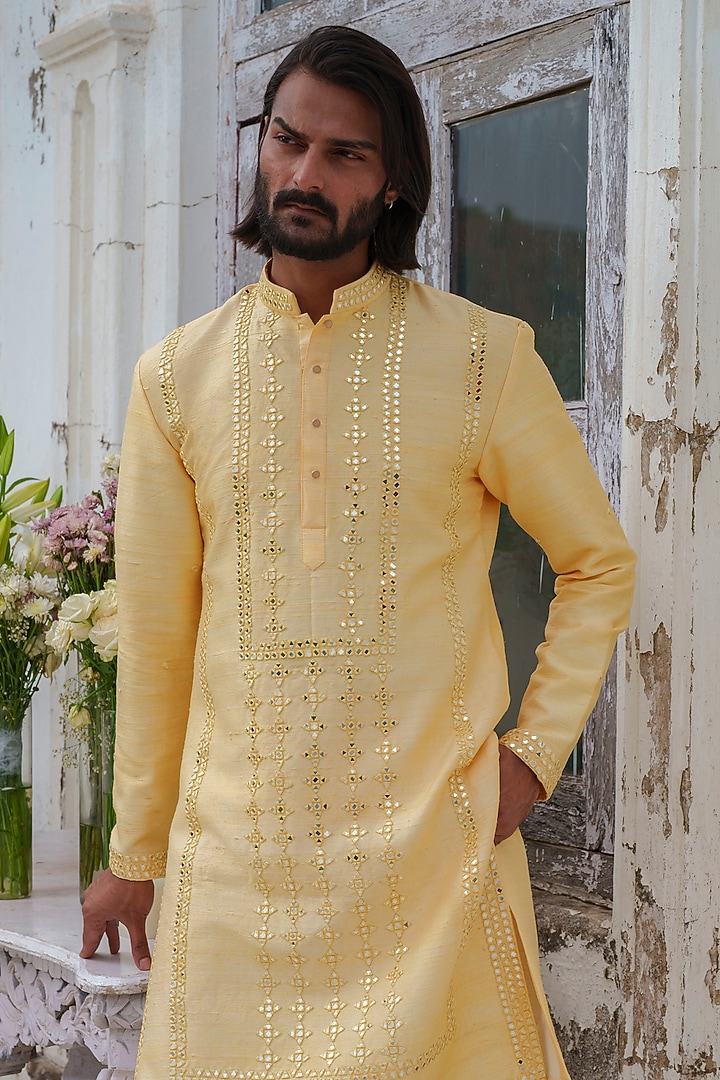 Yellow Raw Silk Mirror Embroidered Kurta Set by Amrit Dawani at Pernia's Pop Up Shop