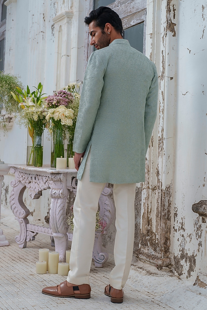 Green Chanderi Self Textured Front Open Kurta Set by Amrit Dawani at Pernia's Pop Up Shop