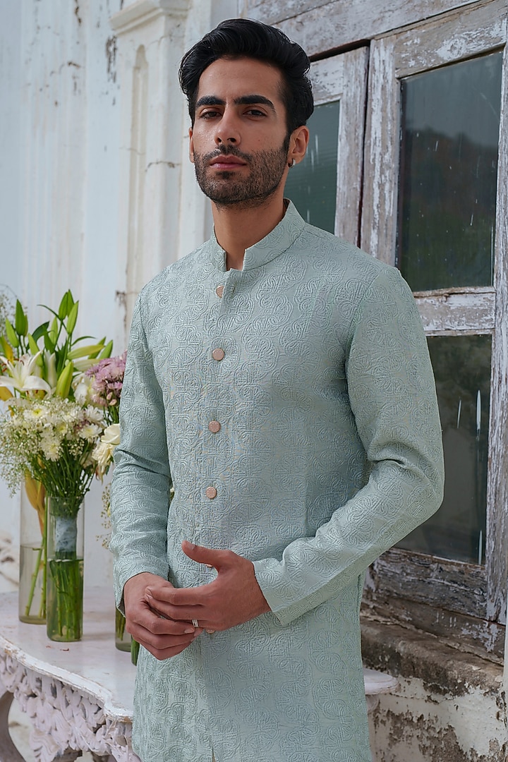 Green Chanderi Self Textured Front Open Kurta Set by Amrit Dawani at Pernia's Pop Up Shop